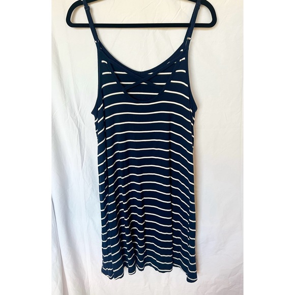 VGUC Navy & White Striped Tank Dress | Casual Adjustable Criss Cross Straps - Picture 2 of 6